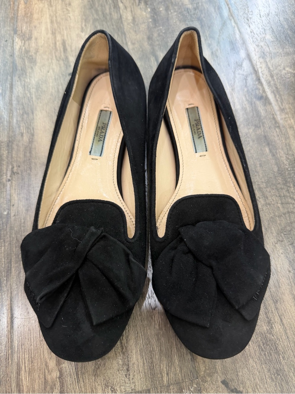 Prada Black Suede Bow Detail Flats